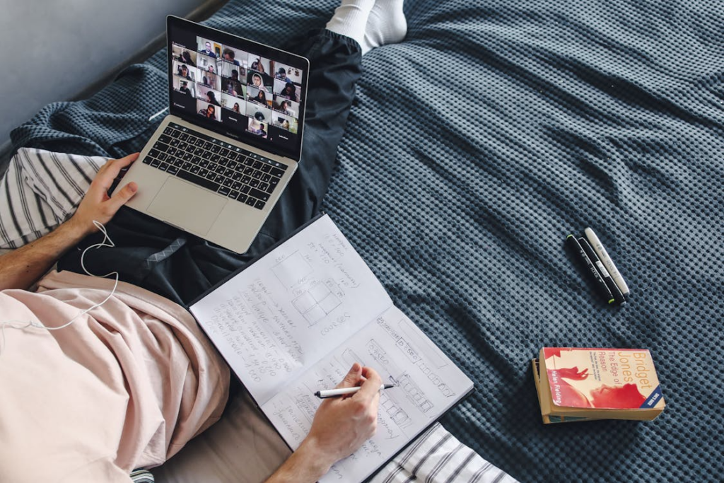Learning for fun as an adult shown through online class notes, books, and a laptop lesson.